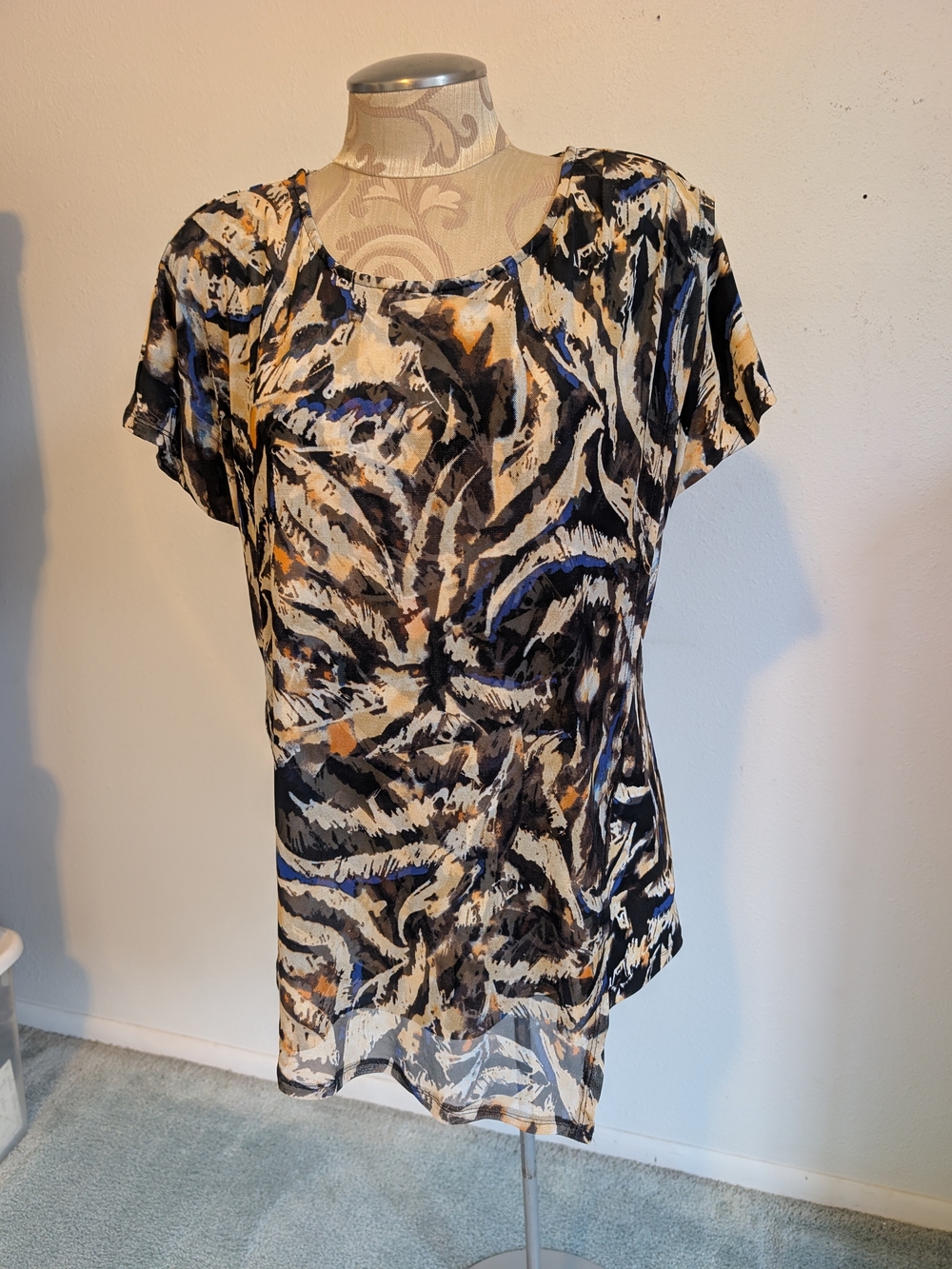 Attitides By Renee Animal Print Short Sleeve Top - Black, White & Blue